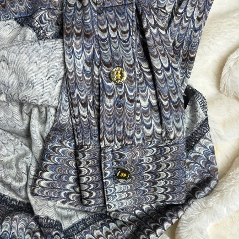 Tory Burch Amy Henley Silk Blue Patterned Long Sleeve Top